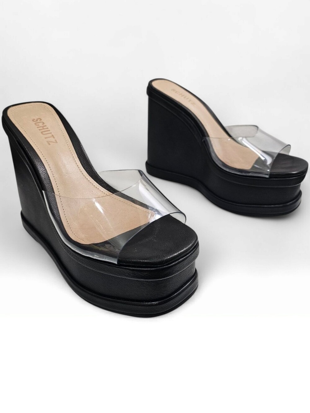 SCHUTZ Dalle Clear Vinyl Black Leather Platform Wedge Sandals 7.5B